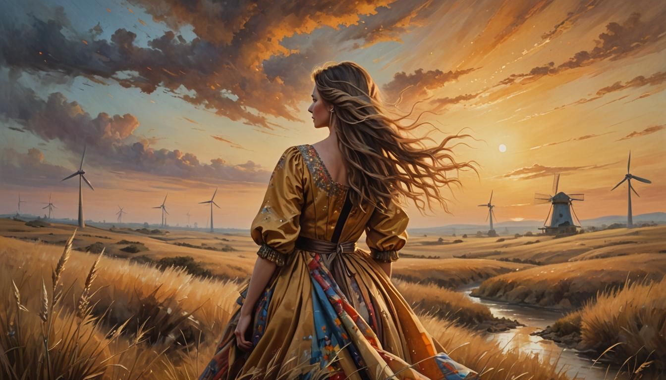 Dreamy Woman in Golden Landscape, Oil Painting