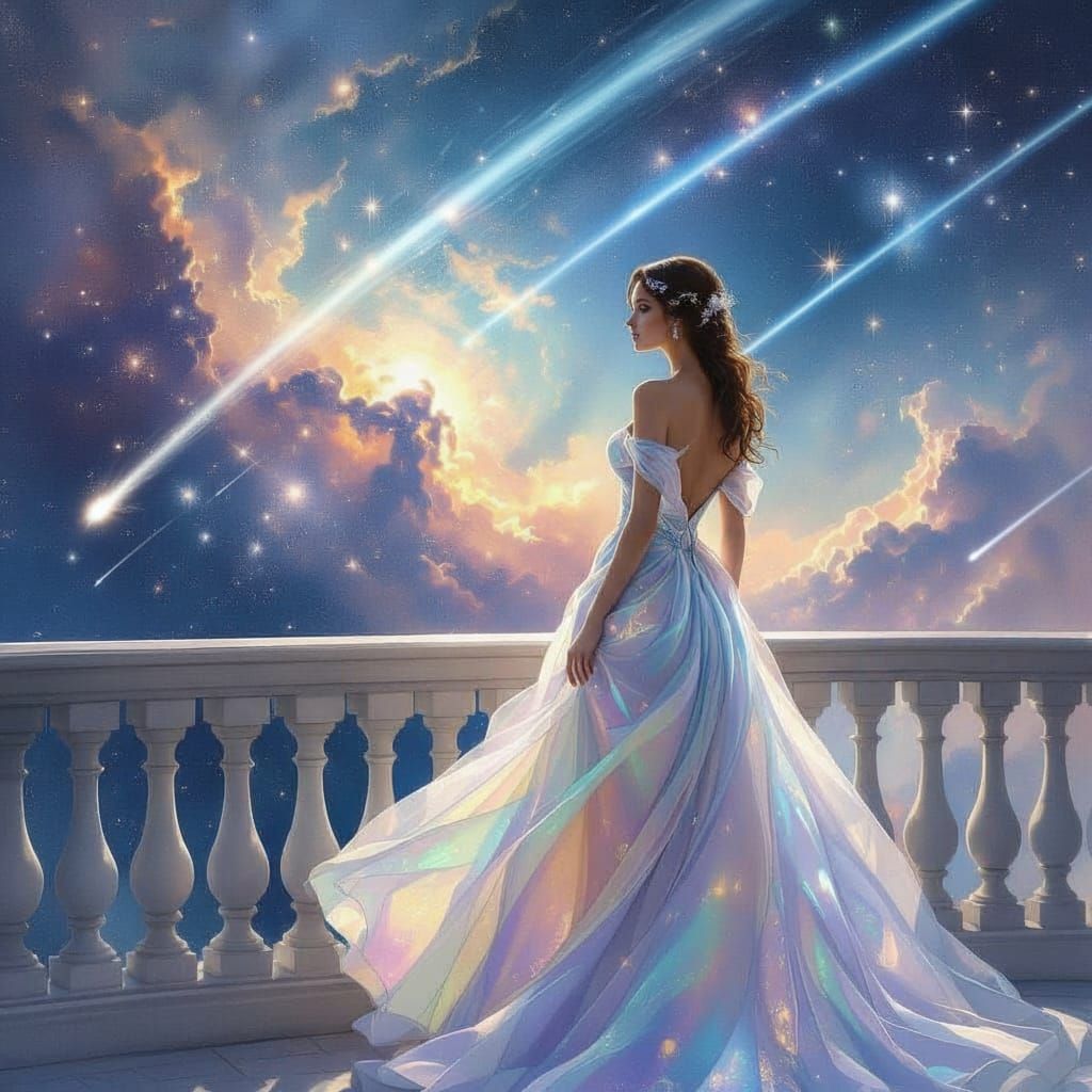 Elegant Woman Gazes at Nebula Cosmos from Balcony