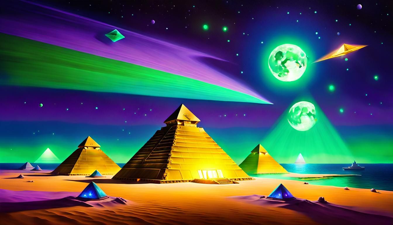 Surreal Desert Scene with Glowing Pyramids