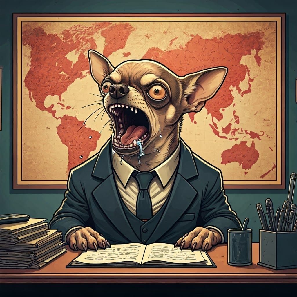 Satirical News Anchor Chihuahua in Vintage Atlas Style