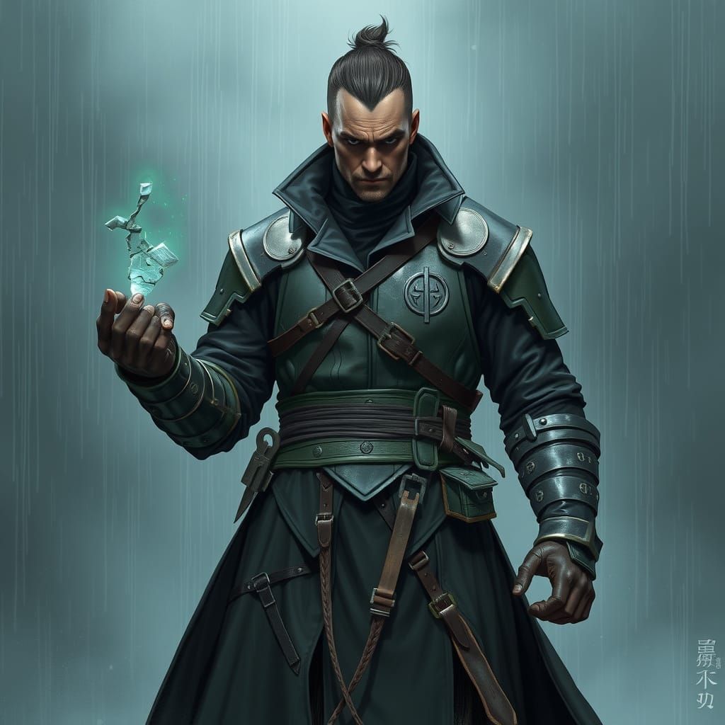 Battle-Scarred Warrior in Stormy Downpour, Cyberpunk Style