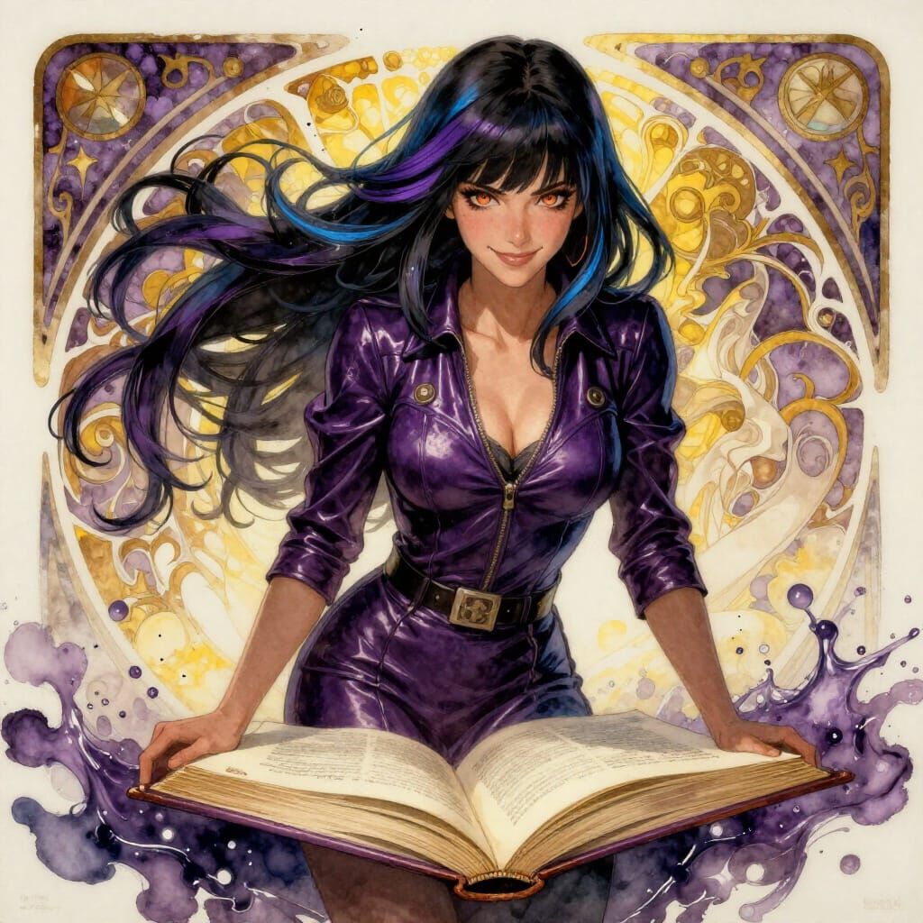 Dark Haired Woman in Violet Leather, Watercolor Masterpiece