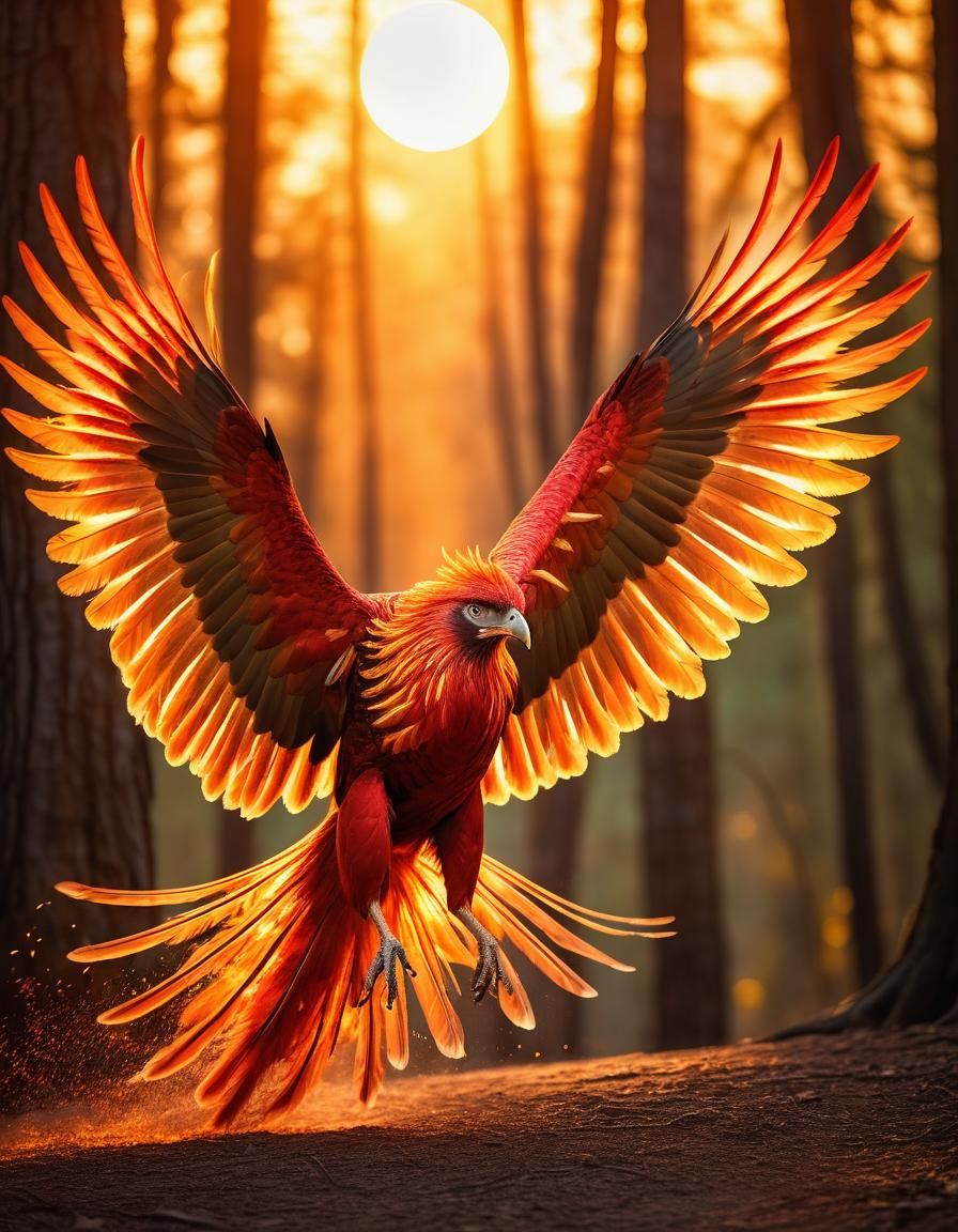 Phoenix Soaring Through Sunset Sky