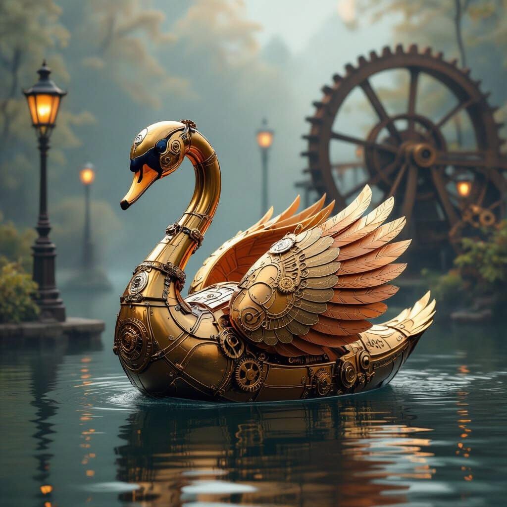 Steampunk Automaton Swan on Misty Lake