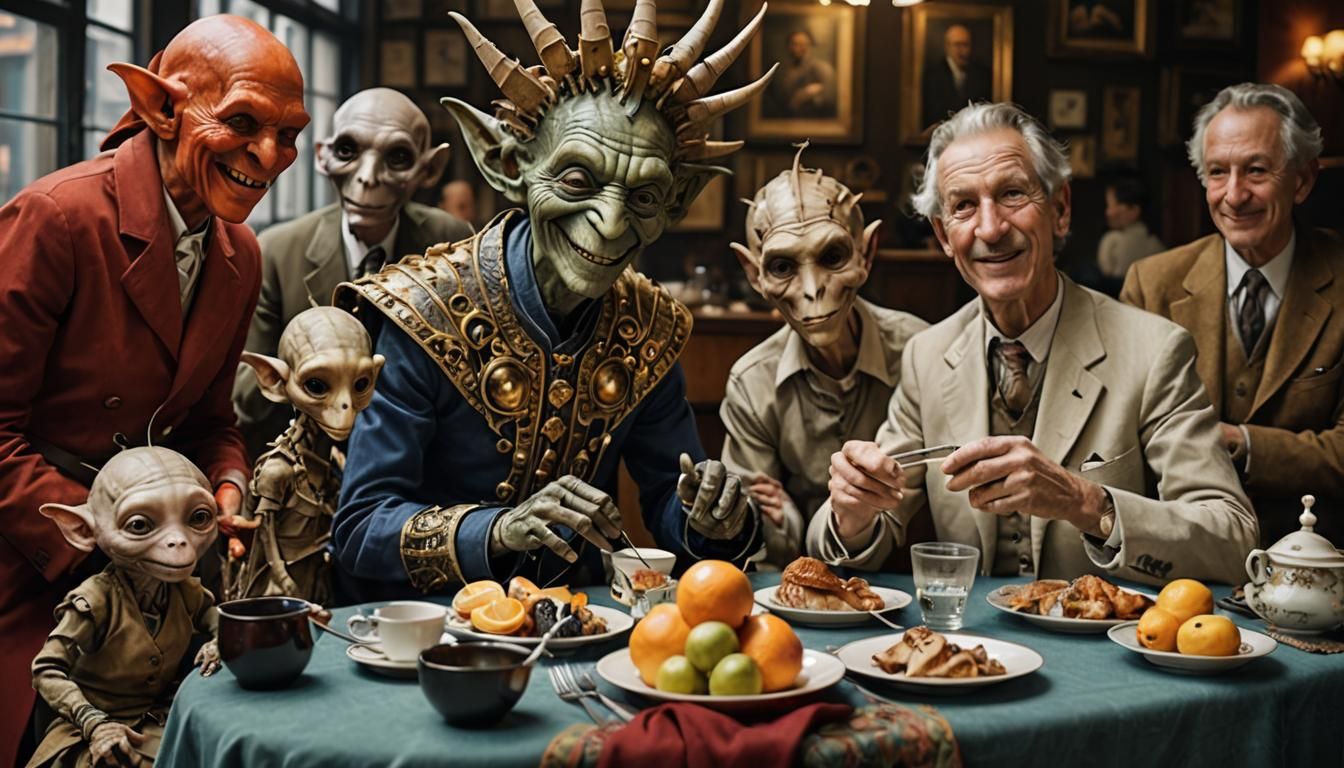 Surreal Alien Restaurant Celebration in Magical Realism Styl...