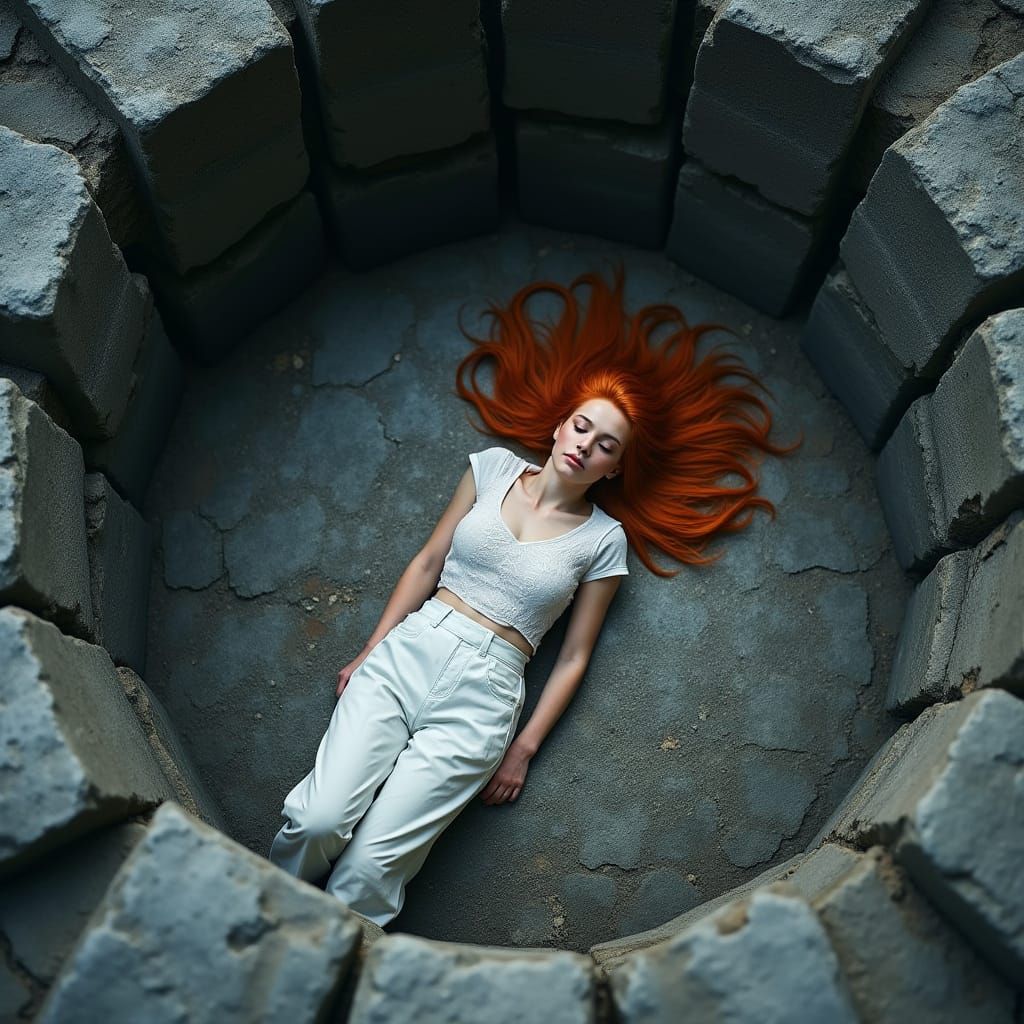 Person with Red Hair in Stone Pit