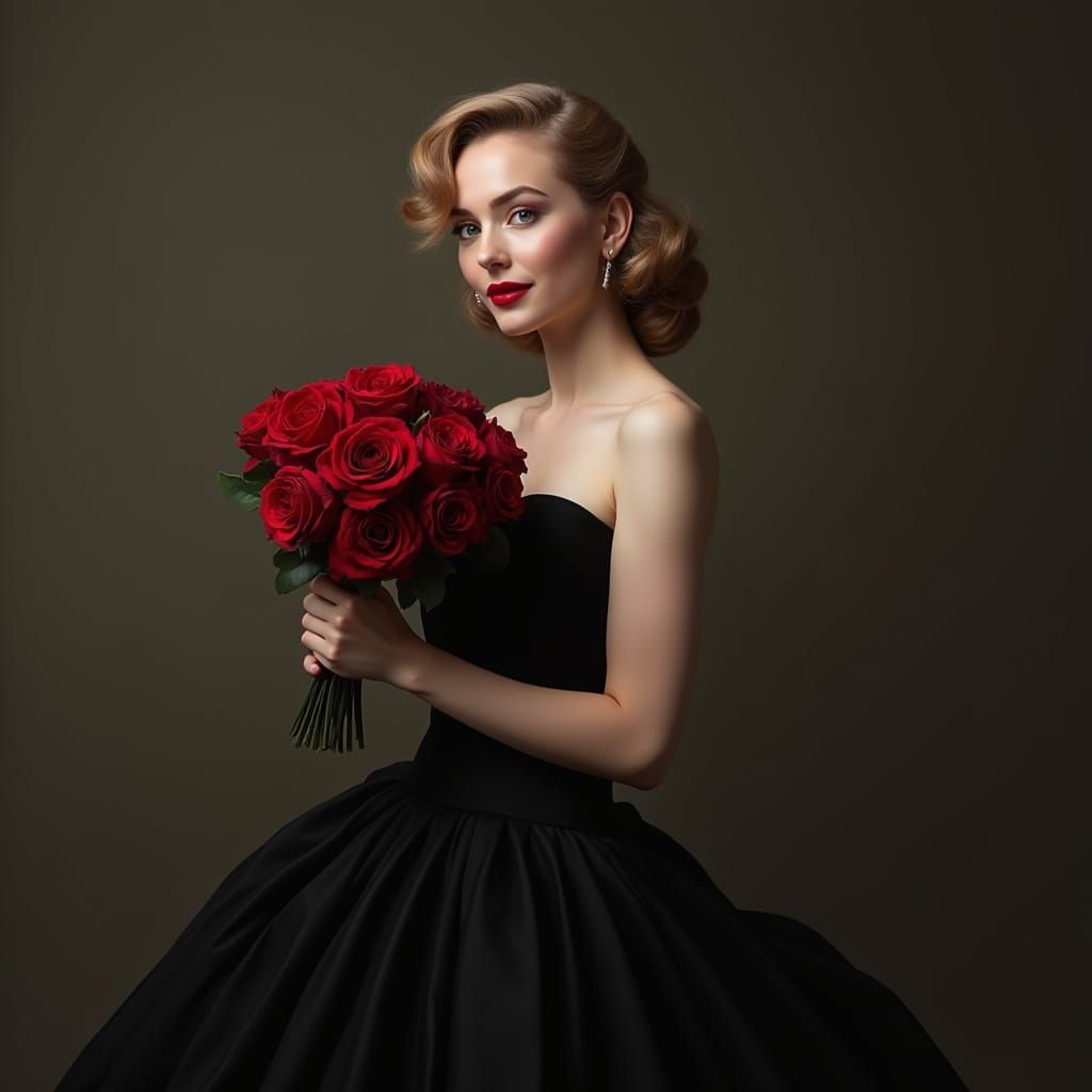 Sophisticated Woman with Velvet Roses in Classic Hollywood G...