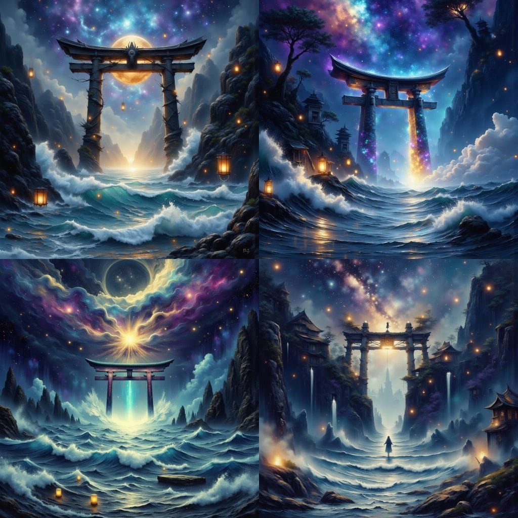 Mythic Torii Gate Rises From Starry Ocean