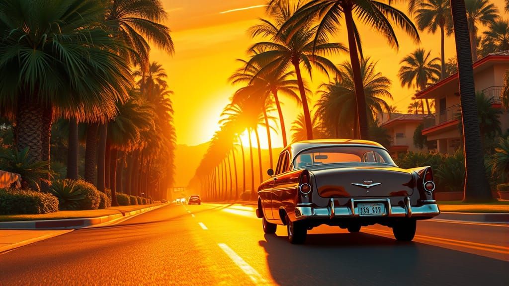Vintage Car at Sunset in Hollywood Glamour Style