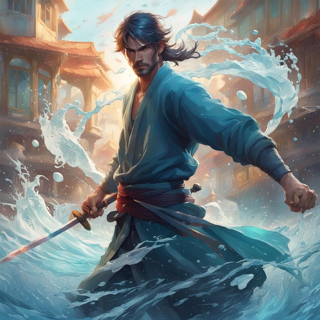 Water Swordsman in Dynamic Splash Art Style