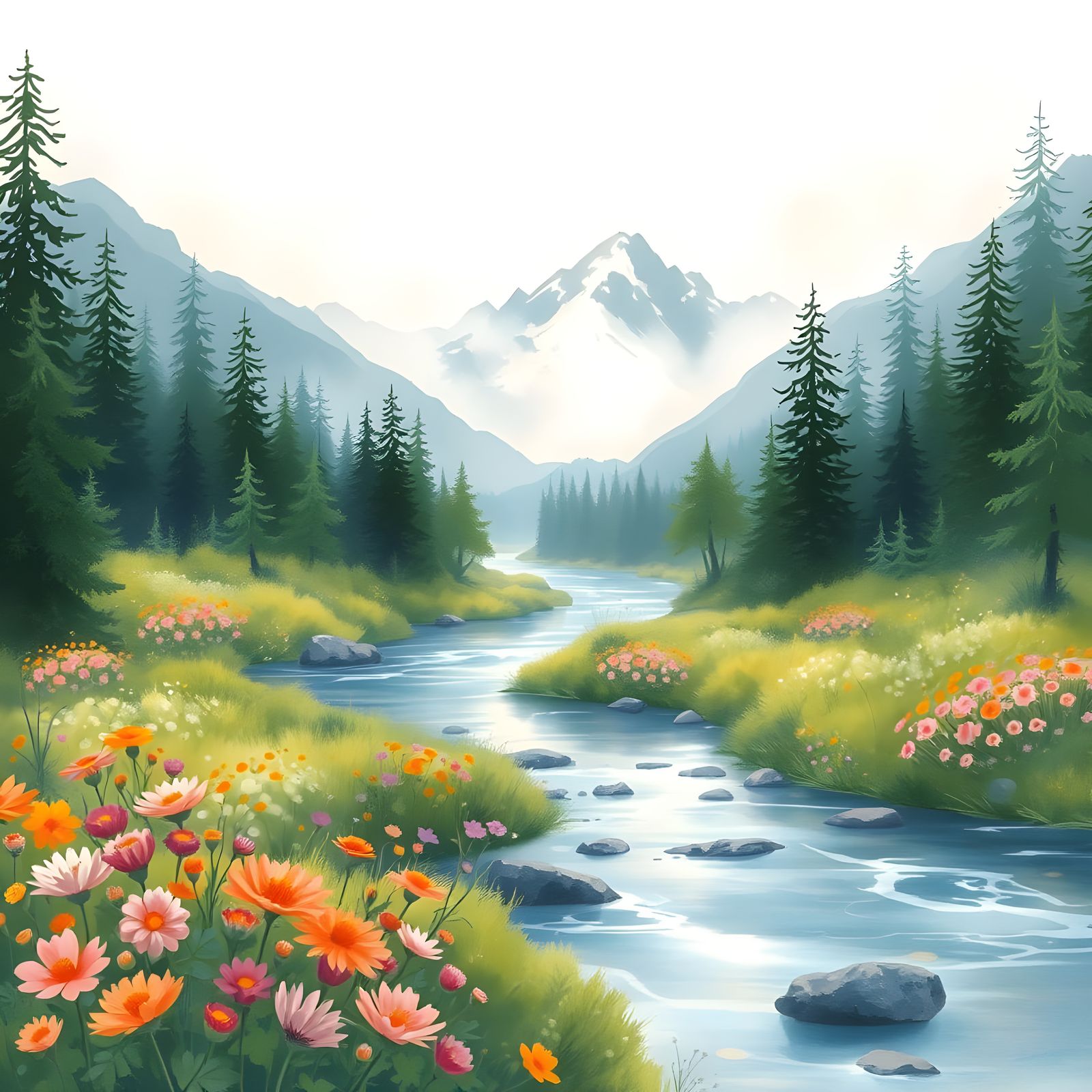 Ghibli-Style River Scene with Watercolor Textures