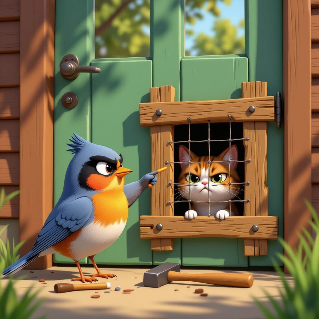Cartoon Robin and Blocked Cat Door in 3D CGI