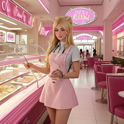 A blonde teenager working in a pink ice cream parlor in a ma...