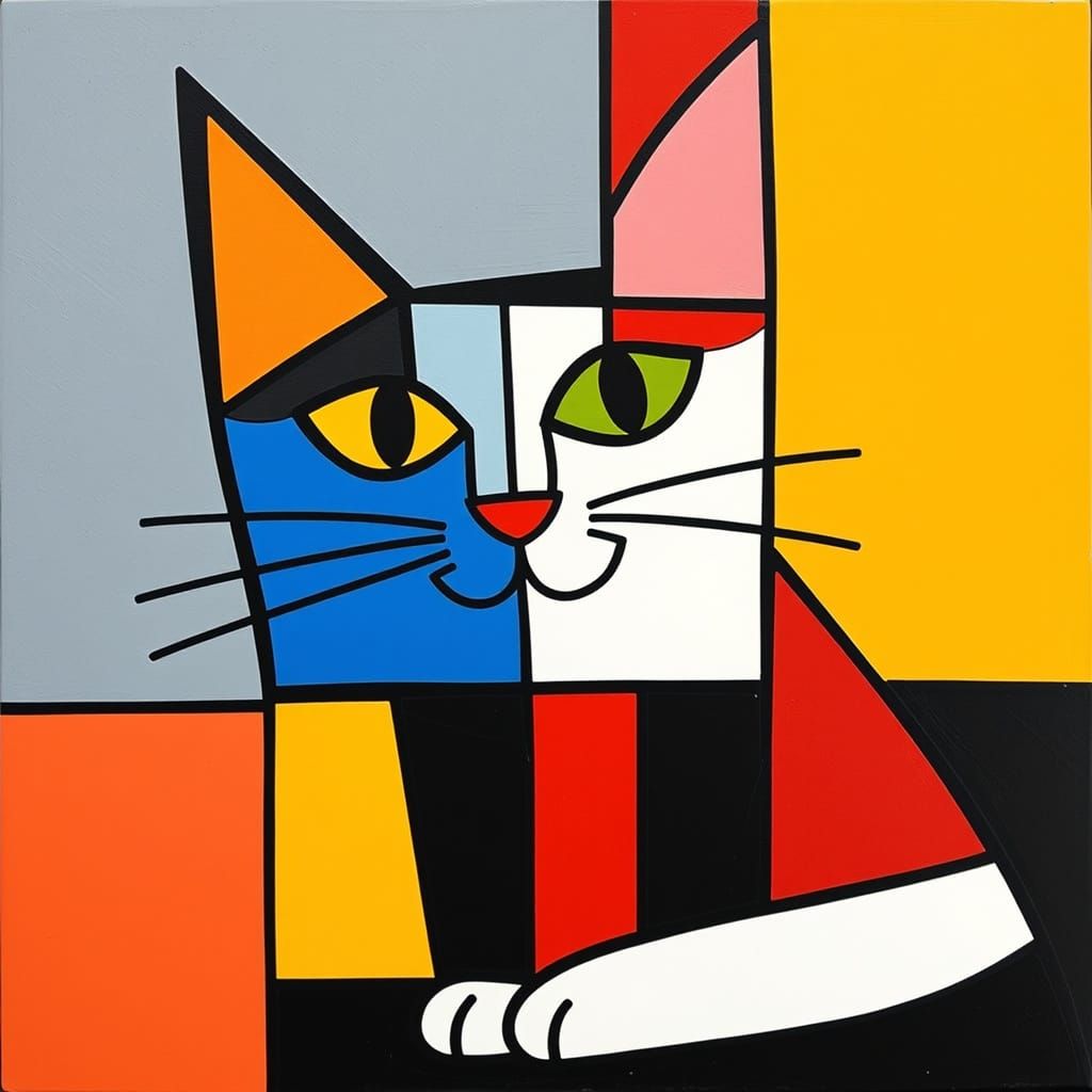 Whimsical Geometric Cat in Neoplasticism Style