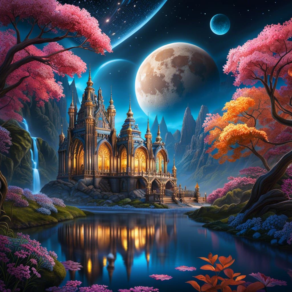 Enchanted Palace with Moon Rainbow in Fantasy Art