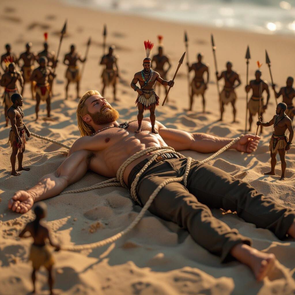 Giant Captive Restrained by Tiny Hunters on Beach