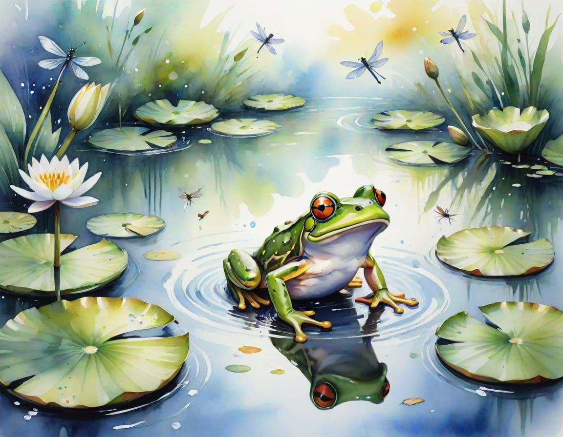Frog Leaping from Lily Pad in Watercolor