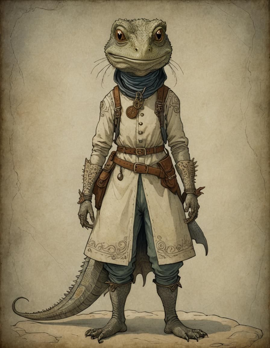 Happy Lizard Adventurer Portrait in Fairy Tale Style