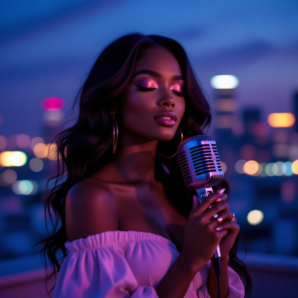 R&B Singer Lyra Under Moonlight on City Rooftop