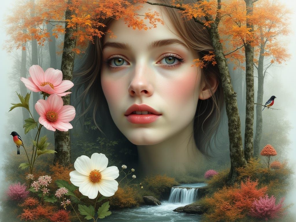 Autumn Forest Woman Portrait with Waterfall and Flowers