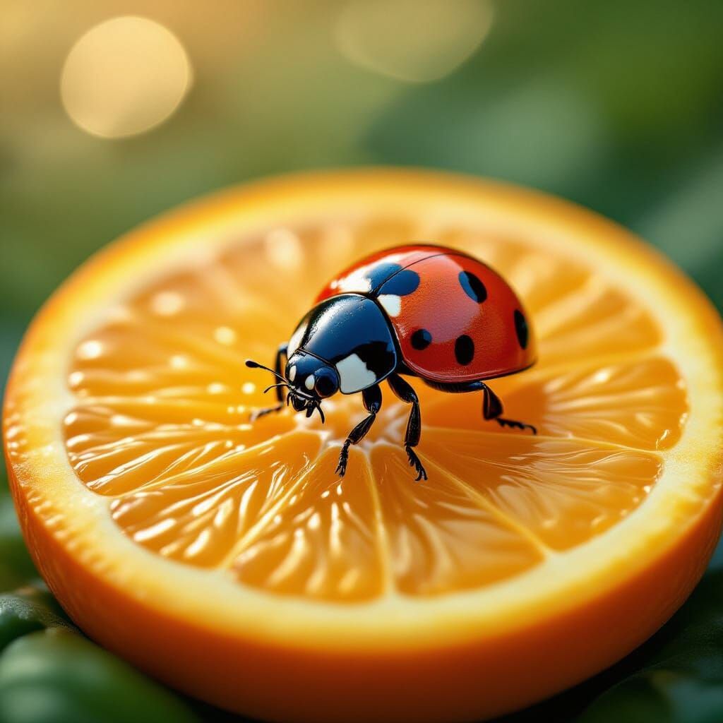 Ladybug on Orange Slice: Hyperrealistic Close-Up