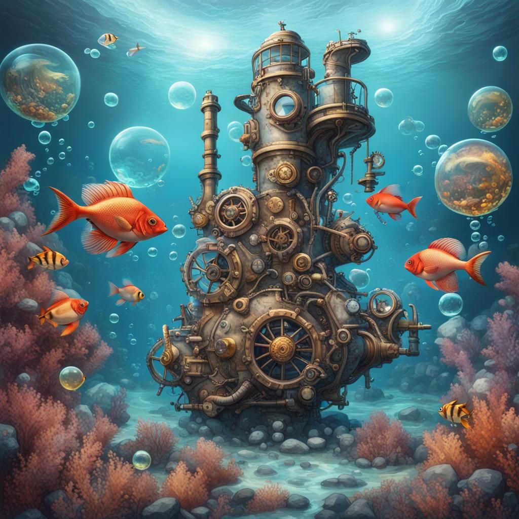 Steampunk Coral Reef with Colorful Fish