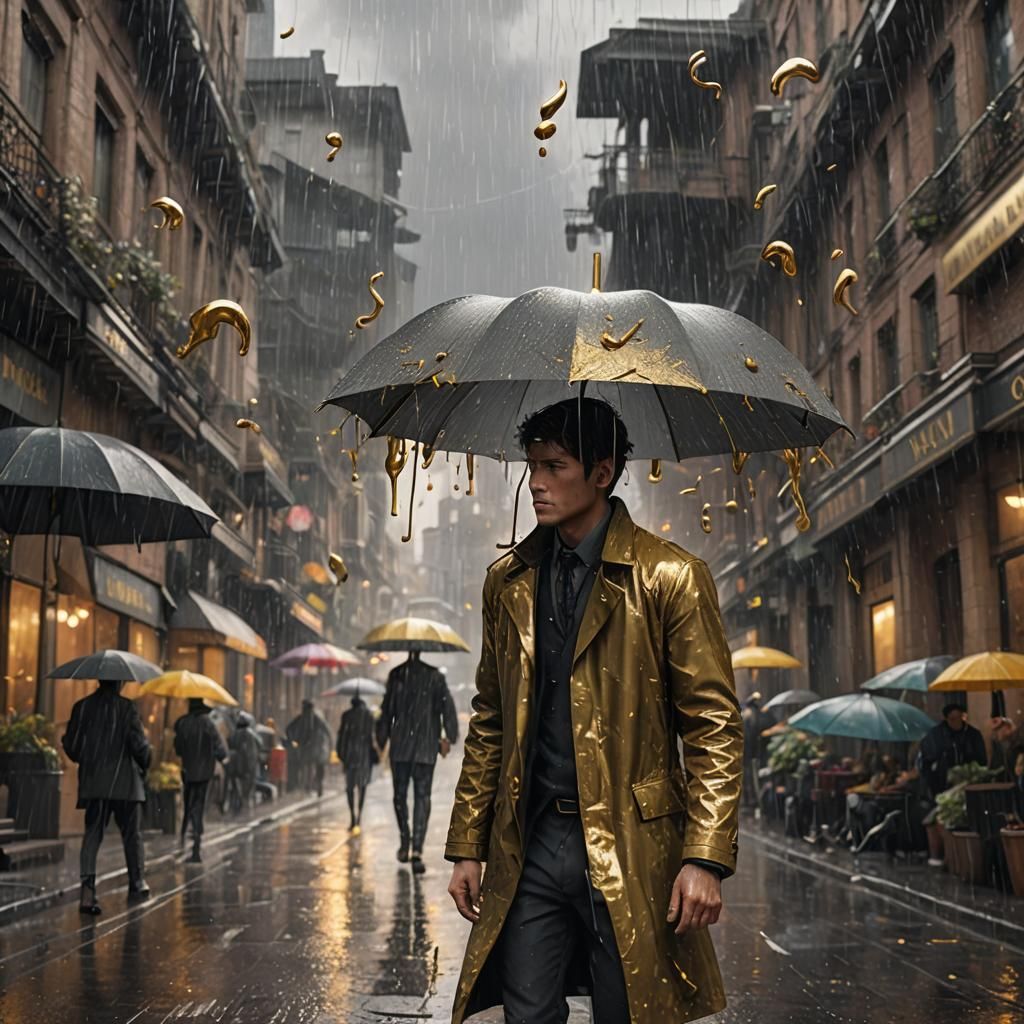 Raining Man with Gold Umbrella: Detailed Digital Art