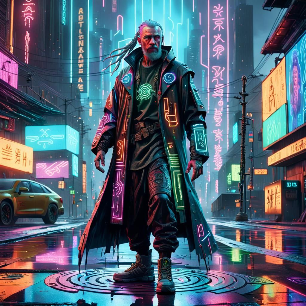 Cyberpunk Wizard in Neon Cityscape, Digital Art