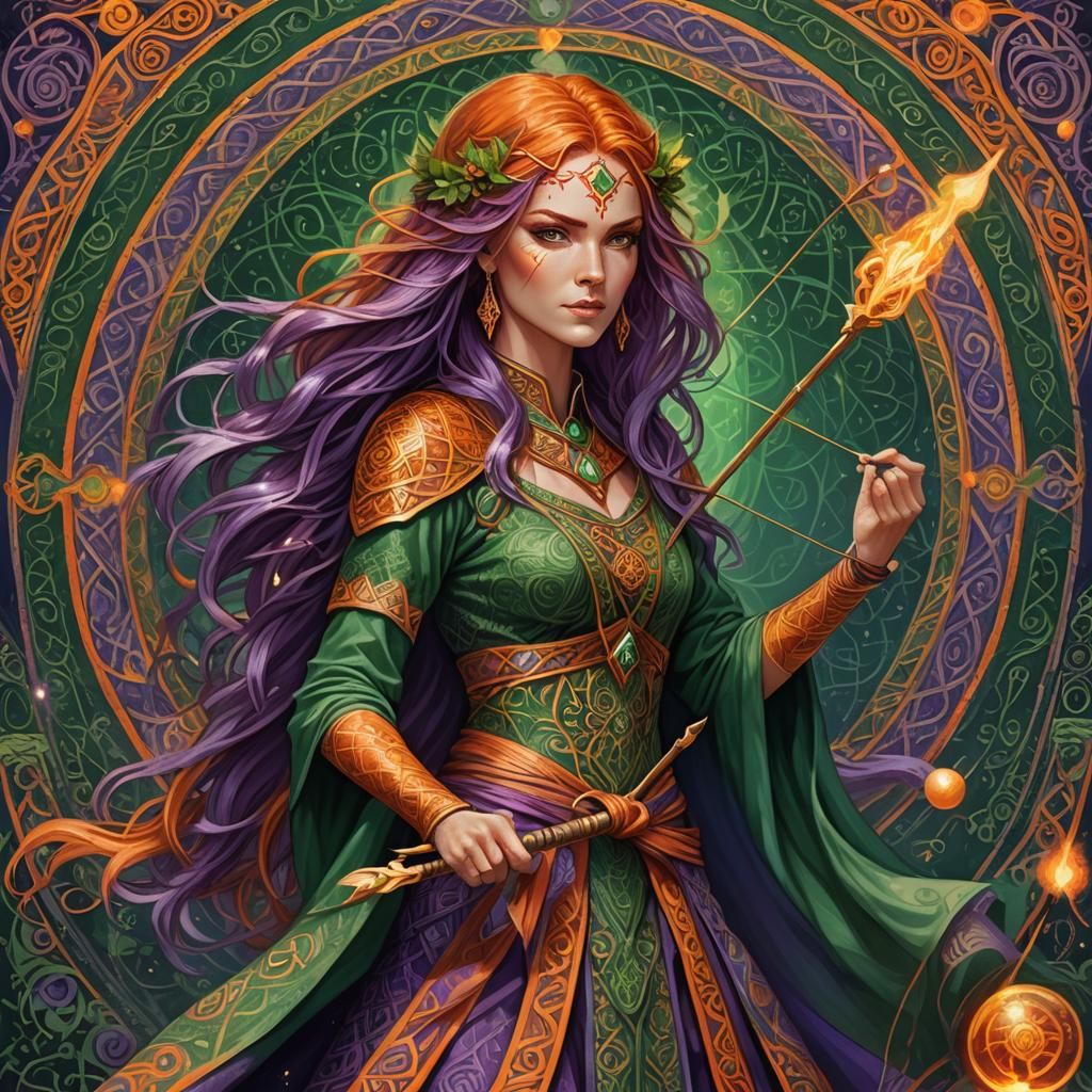 Fiery Gaelic Archeress with Celtic Patterns, Digital Art