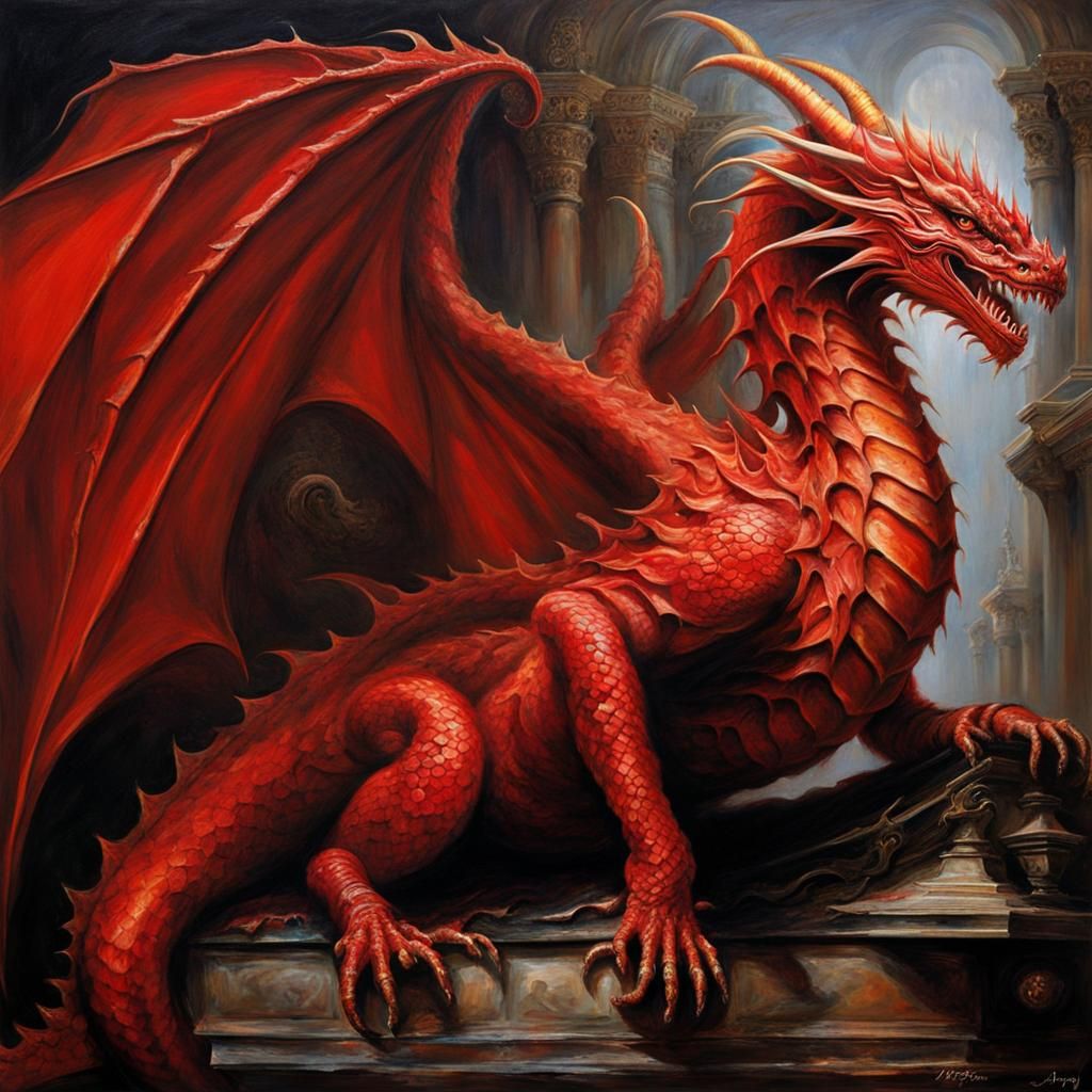 Red Dragon Reclining in Gothic Oil Painting