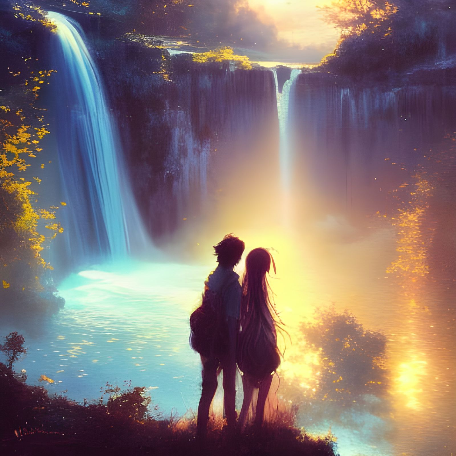 Anime Couple Admiring Magical Waterfall