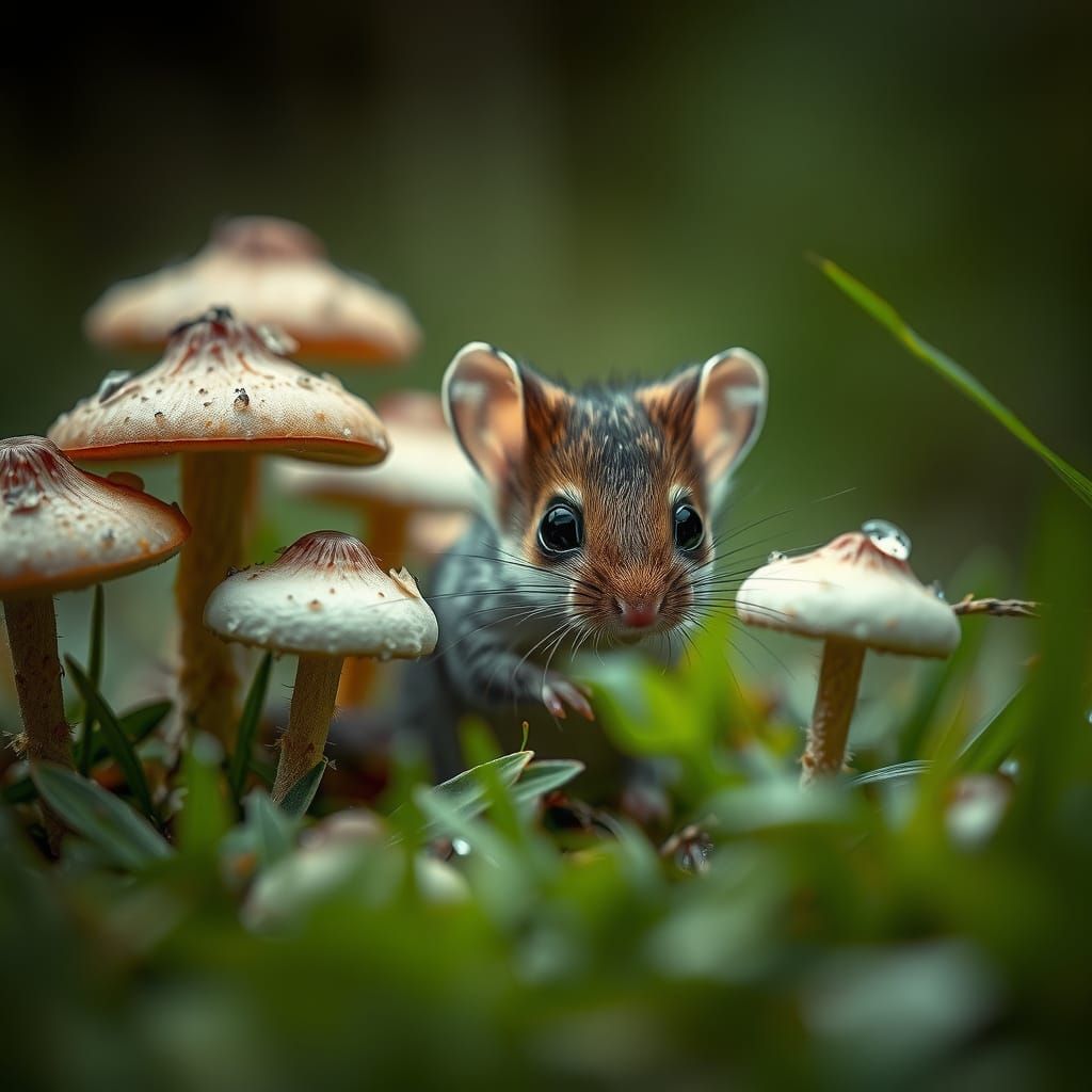 Shy Mouse Peeking in Dewy Forest, Hyperdetailed