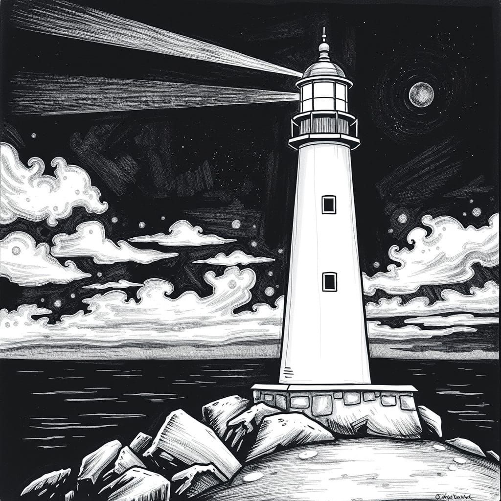 Lighthouse Radiates Warmth in Black and White Line Art