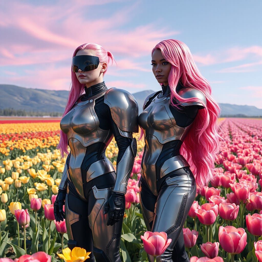 Women in Power Armor Among Colorful Tulips