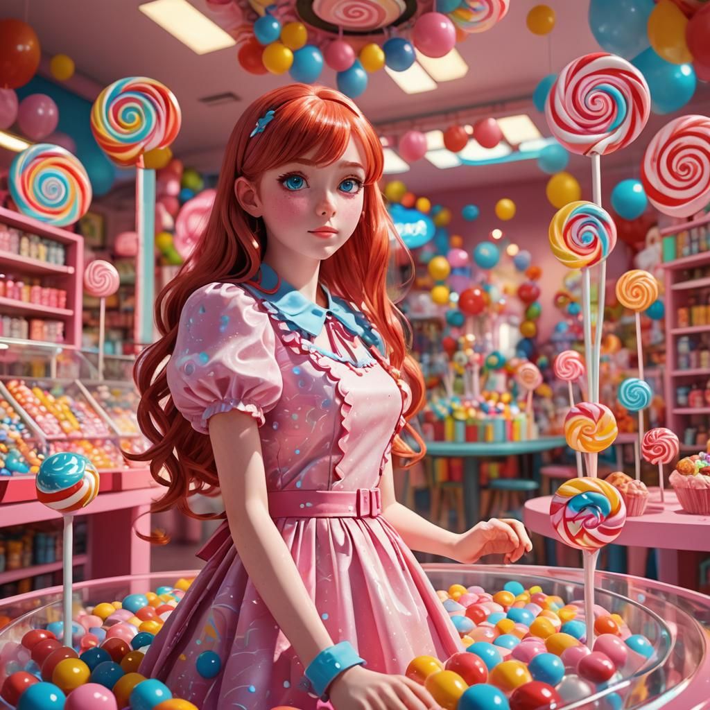 Anime Girl in Lollipop Shop: 3D Pastel Art