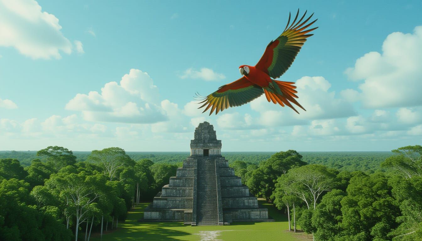 Red Parrot Over Mayan Temple in Tropical Forest