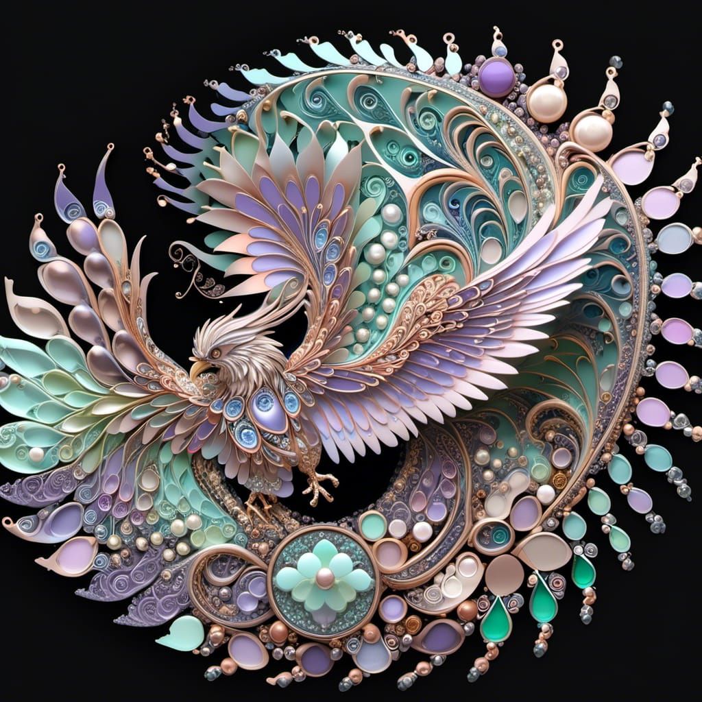 Iridescent Mosaic Phoenix with Fractal Curves