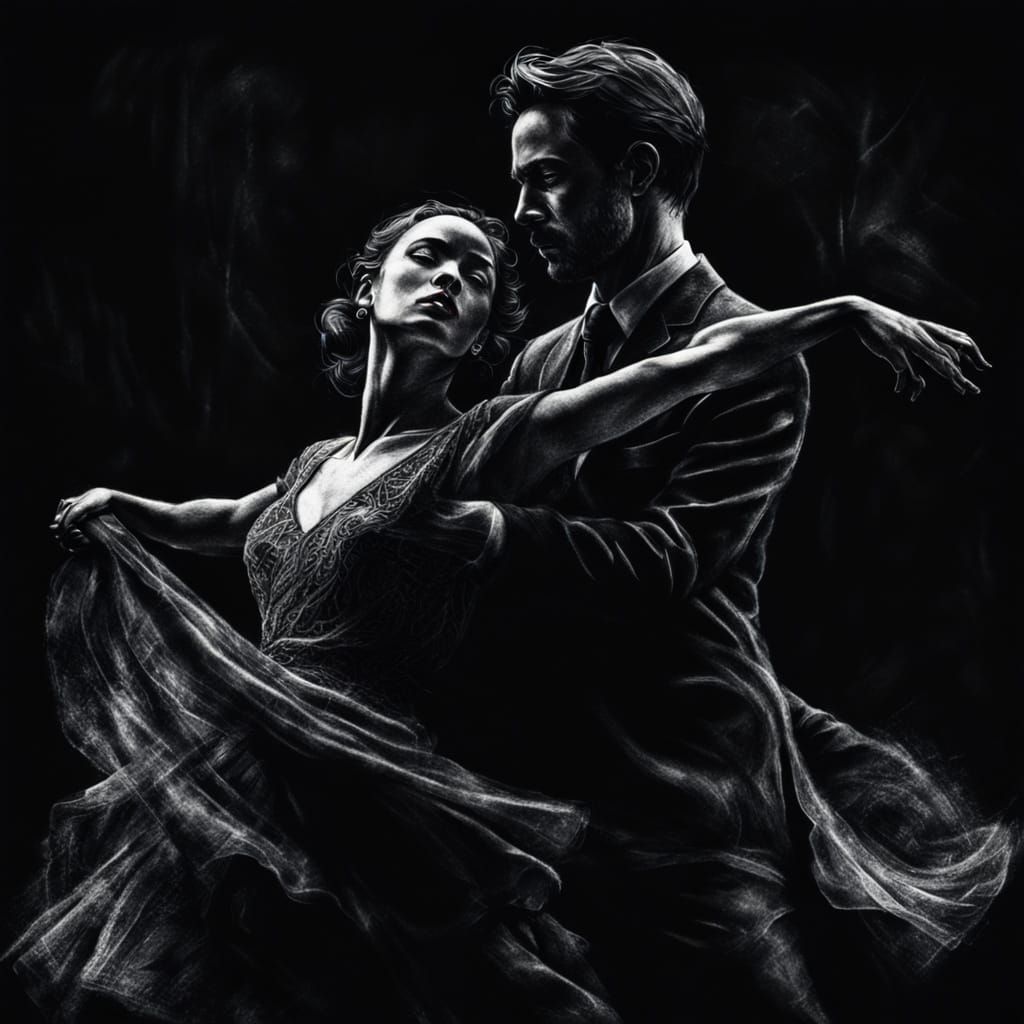 Dramatic Charcoal Drawing of Tango Dancers