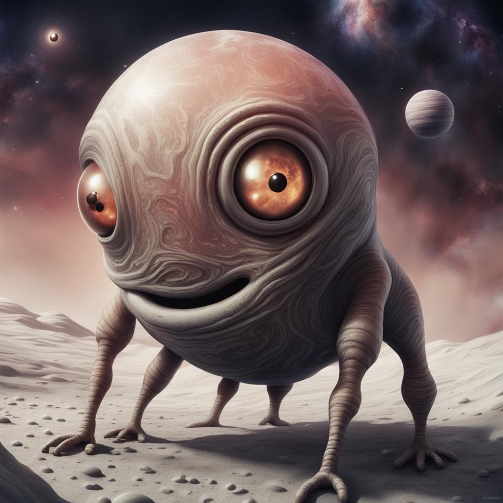 A close-up of an alien creature with wide, curious eyes examining a forgotten spacehopper floating in space. Swirls of c...