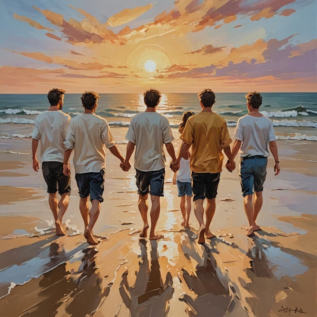 Friends Walking on Beach in Expressionist Acrylic Painting