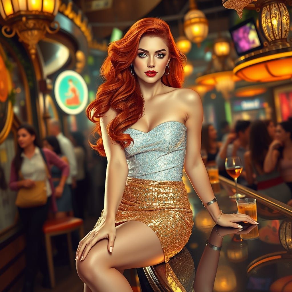 Art Nouveau Woman with Red Hair at Luxurious Bar