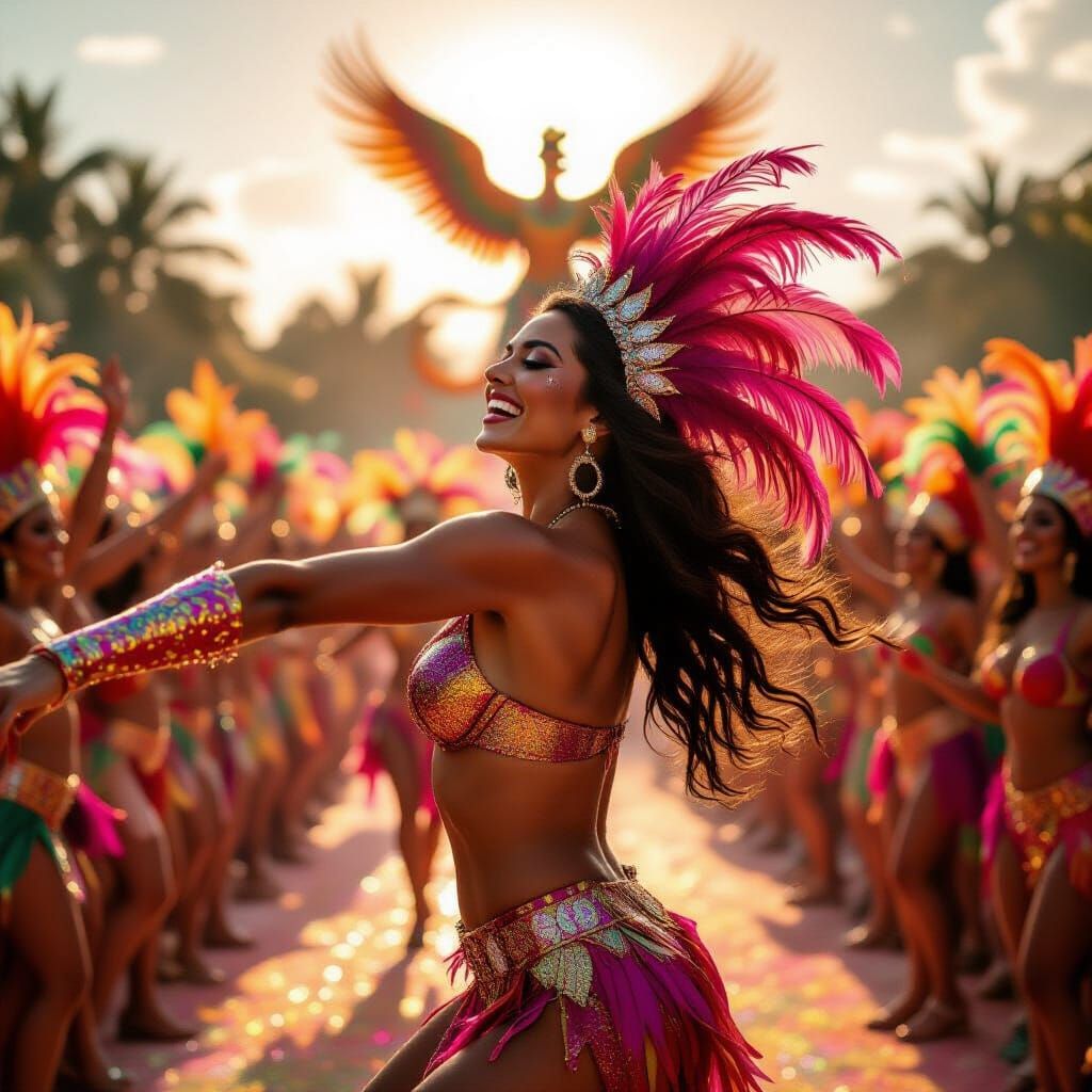 Ecstatic Samba Dancer in Glittering Feather Costume