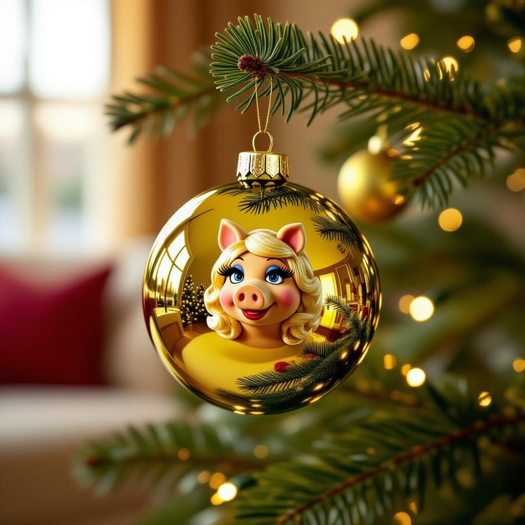 Christmas Bauble Reflecting Miss Piggy, Photorealistic