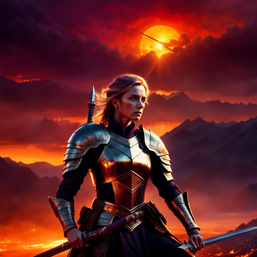 Wounded Commander Lies with Sword at Sunset