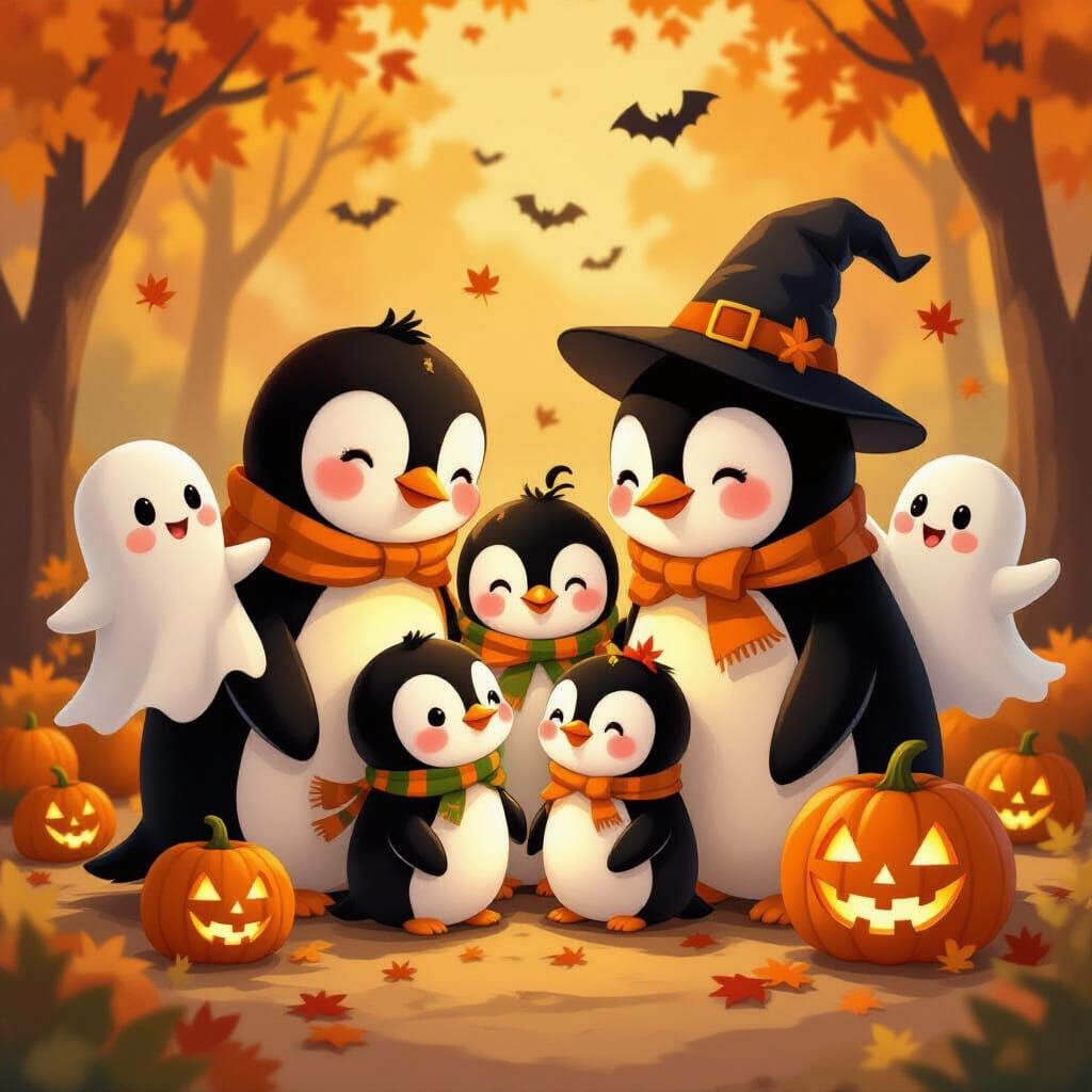 Cute Penguin Families in Whimsical Halloween Costumes
