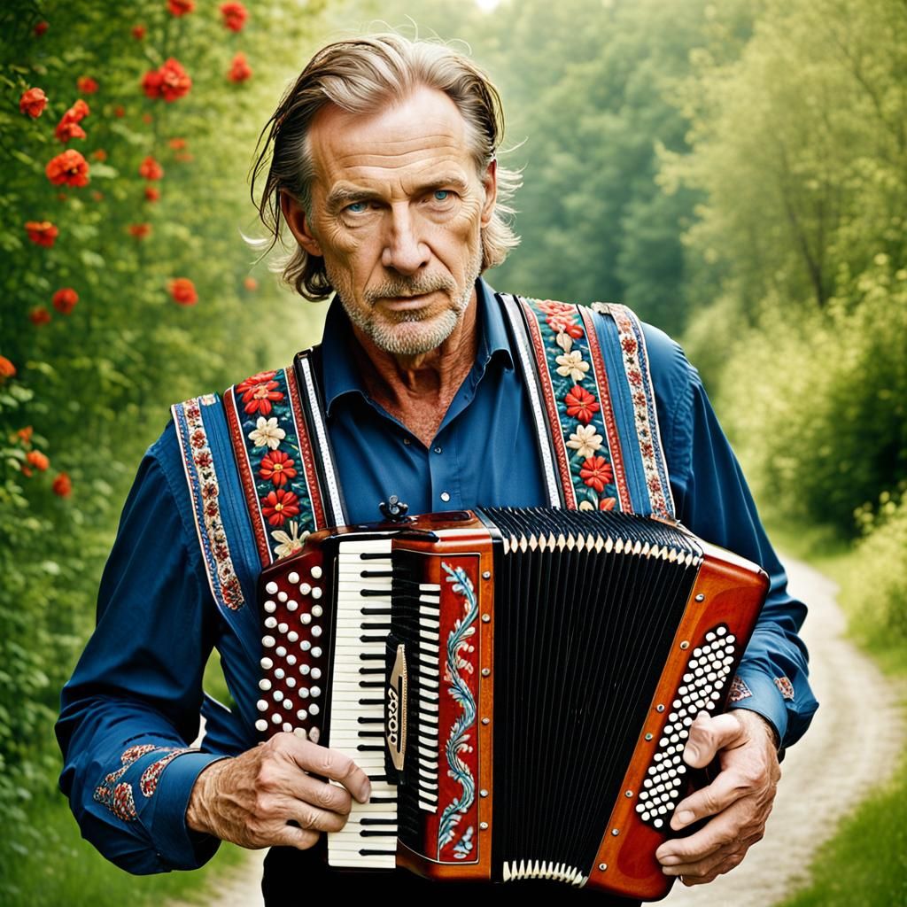 Blond Man with Accordion: Schoeller-Inspired Portrait