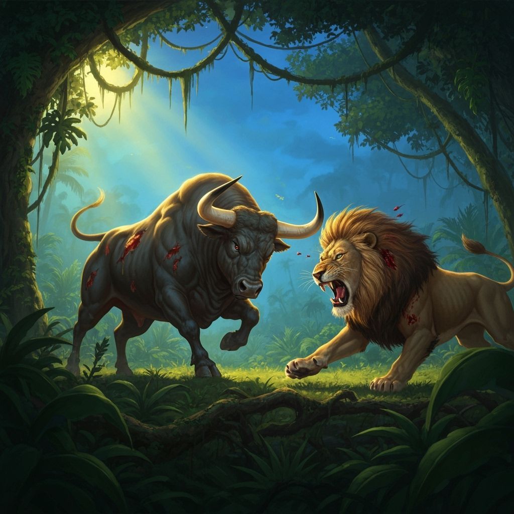 Bull and Lion Jungle Fight in Vibrant Style
