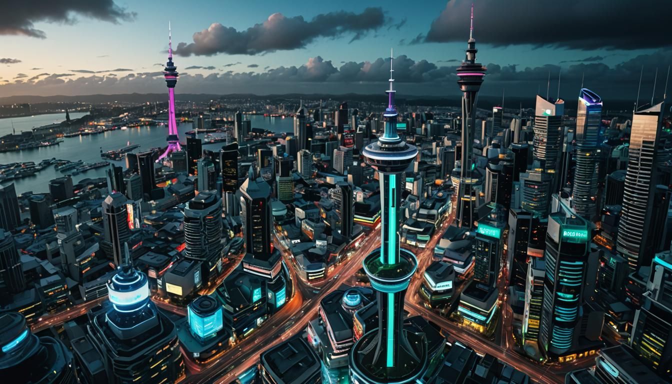 Cyberpunk Sky Tower in a Neon Auckland