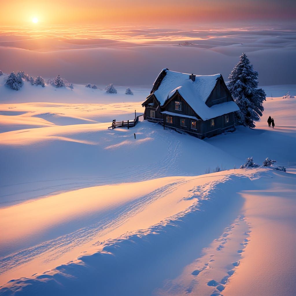 Lone Traveler in Snowy Landscape at Sunset