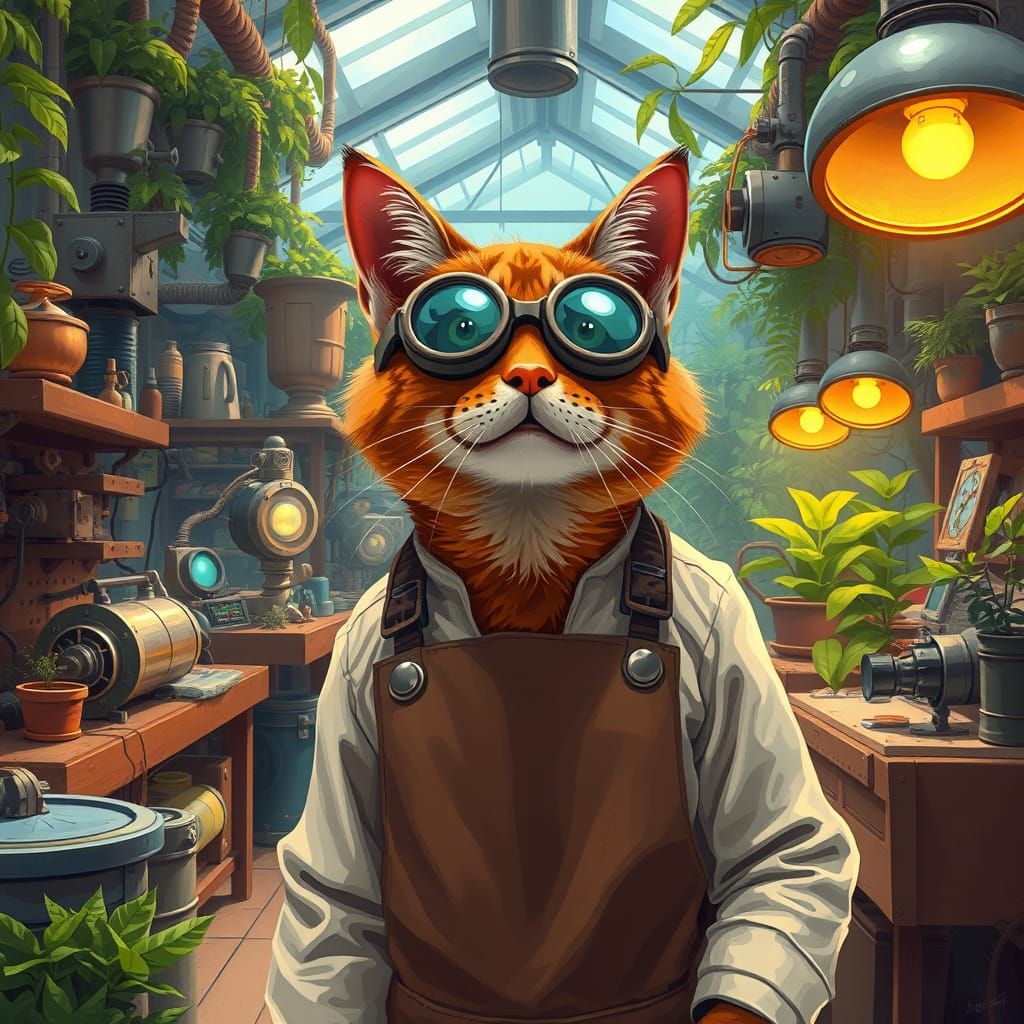 Futuristic Feline Innovator in Sustainable Haven